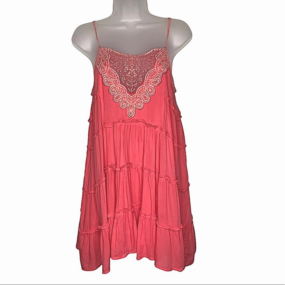 Maddy K Embroidered Lace Mesh Tiered Ruffle Mini Tunic Dress Coral Boho Beach - Picture 15 of 16